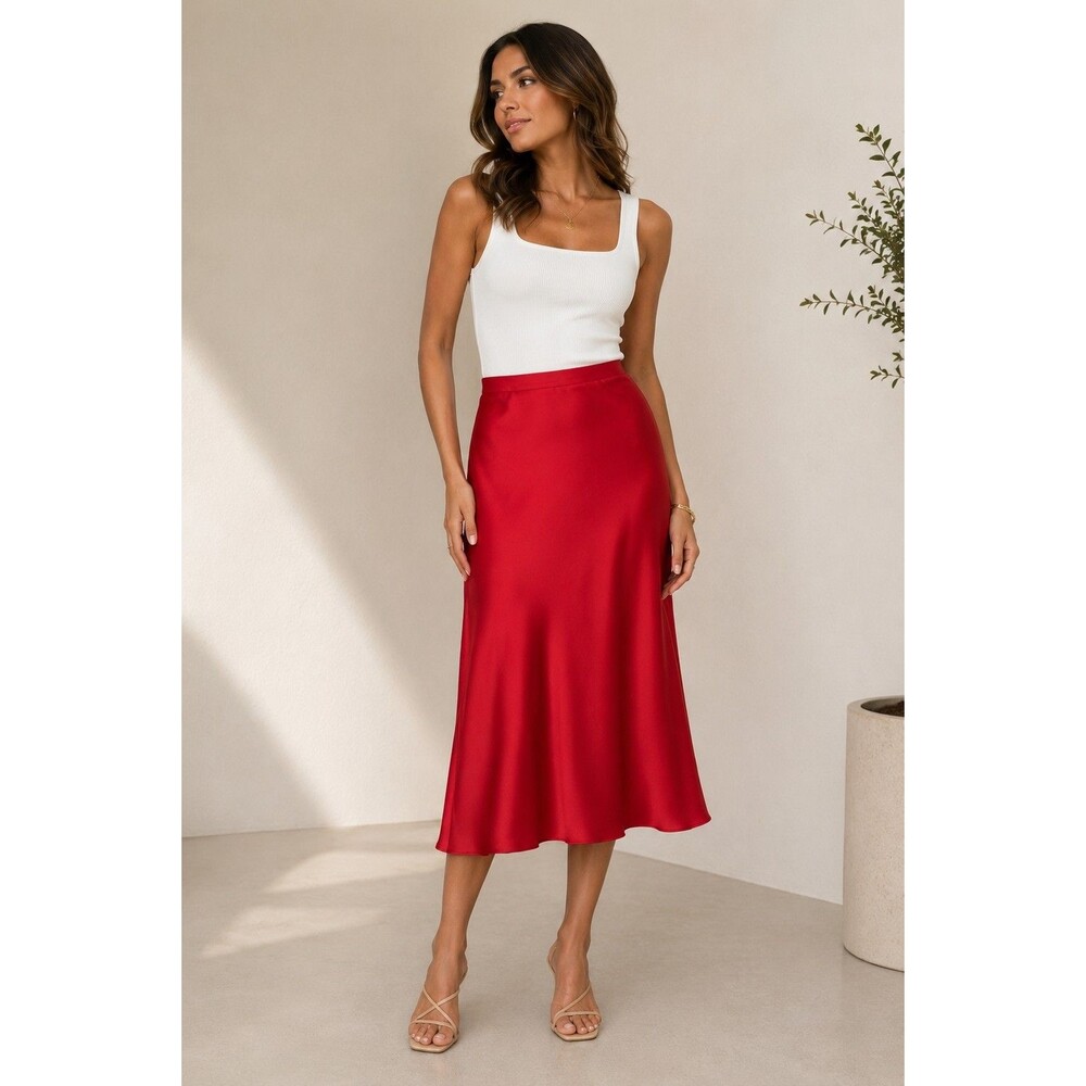 Ann Taylor Satin Bias Midi Skirt Red Slip Skirt A-Line Womens Size 6